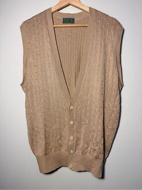 Descente Silk Beige Cable-Knit Button-Front Sweater Vest size L